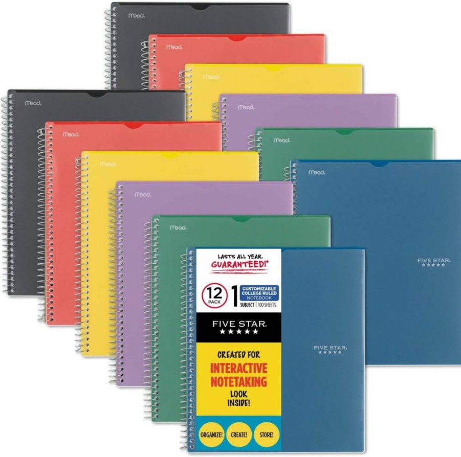 Five Star 6-Pack College Ruled Spiral Notebooks, 1 Subject, 8.5" x 11", 100 Sheets Per Notebook, Ink Bleed Resistant Paper, Customizable Waterproof Covers, Assorted Colors (820043)
