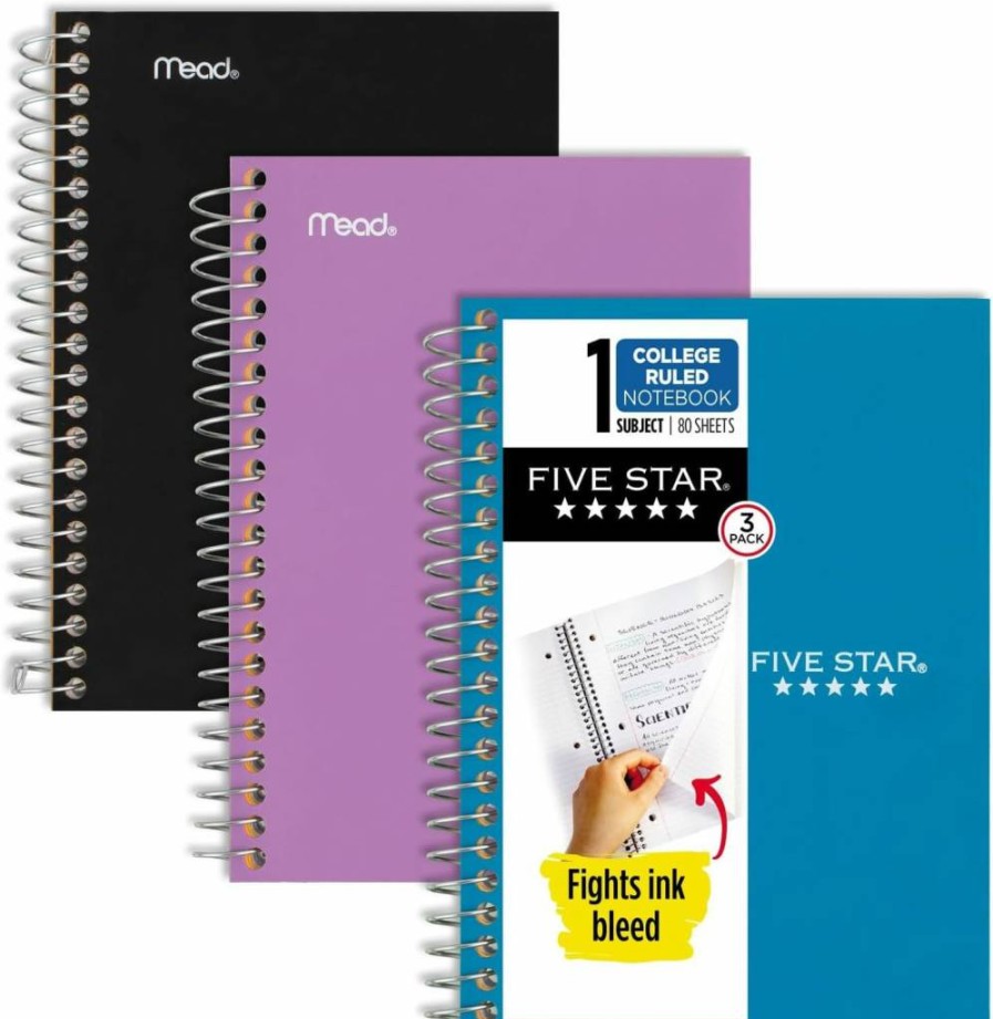 Five Star Spiral Notebook 3-Pack: 1-Subject College Ruled Paper, 7" x 4.375" Personal Size, 80 Sheets per Notebook - Black, Blue, Purple (450048C-ECM) School & Office Supplies