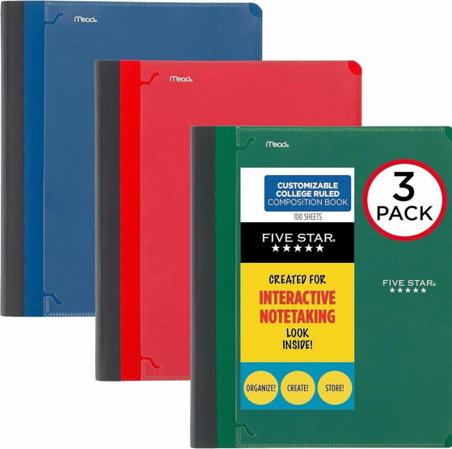 Five Star 3-Pack College Ruled Composition Notebooks, 11x8.5 Inch 1-Subject Notebook, 100 Sheets per Book, Customizable Covers (Forest Green, Fire Red, Pacific Blue)
