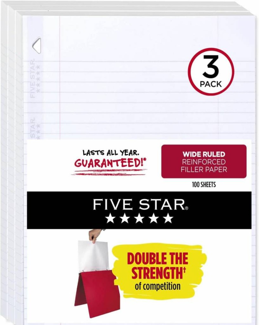 Five Star Reinforced Loose Leaf Paper, 3-Pack Wide Ruled Filler Paper, 8" x 10.5", 80 Sheets per Pack, Anti-Bleed Technology + Free Study App (150024)