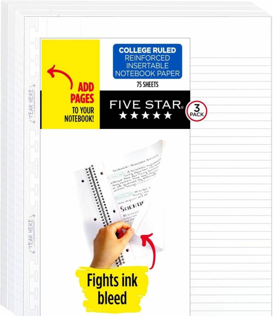 Five Star Reinforced College Ruled Loose Leaf Paper, 3 Pack, 8.5" x 11" Filler Paper for Notebooks, 75 Sheets per Pack (52168)