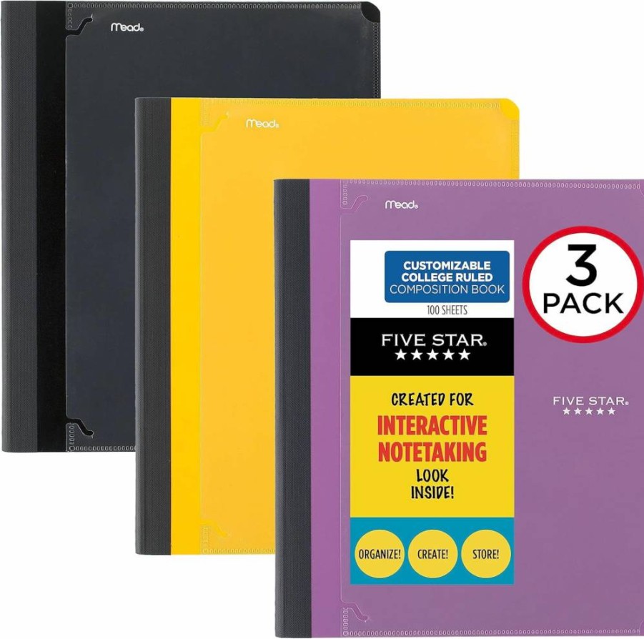 Five Star 3-Pack College Ruled Composition Notebooks, 1-Subject, 100 Sheets, 11" x 8.5", Customizable Covers - Black, Amethyst Purple, Harvest Yellow (850068-ECM)