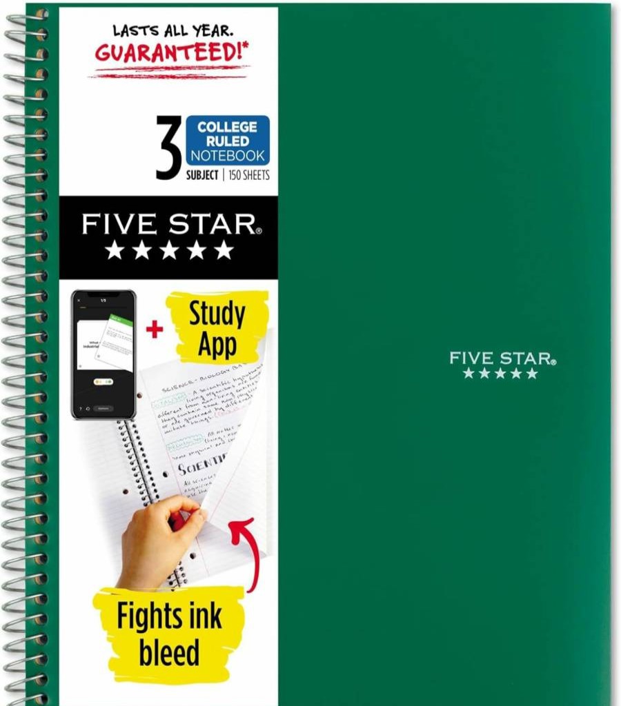 Five Star 3 Subject Spiral Notebook with Study App, College Ruled, 150 Sheets, 8.5" x 11", Ink Bleed Resistant, Water Resistant Cover, Black (72069)
