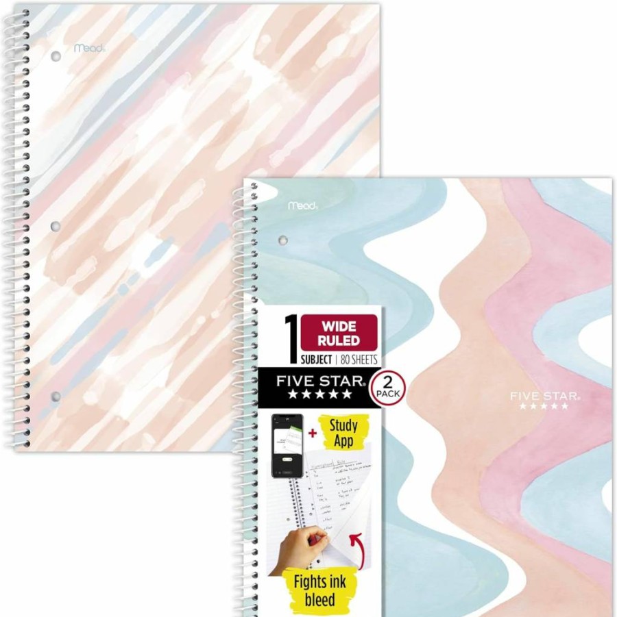 Five Star Spiral Notebook 2-Pack, 1 Subject Wide Ruled, 8" x 10.5", 80 Sheets, Ink Bleed Resistant with Waterproof Cover, Pastel Waves Design + Free Study App (930210F-Ecm)