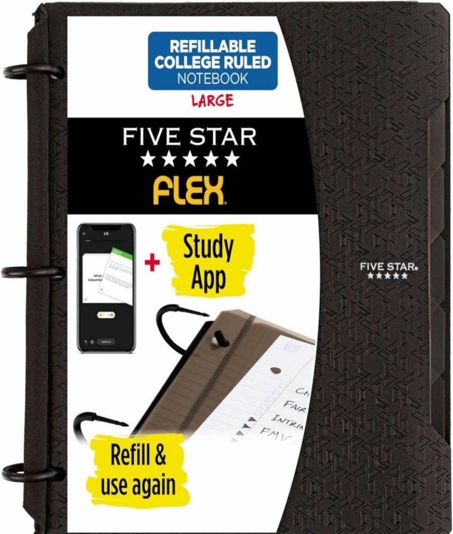Five Star Flex Refillable Notebook with Study App - College Ruled 200 Sheet Binder, 1" TechLock Ring, Pockets, Tabs & Dividers, Black (29328Aa2)