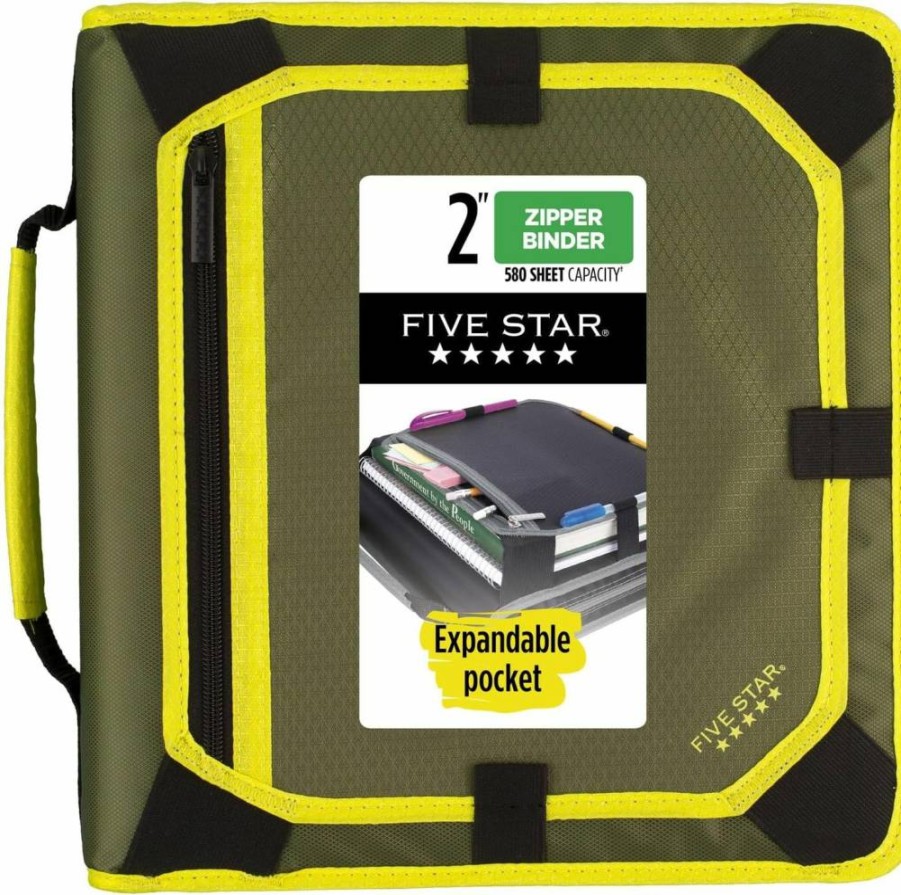 Five Star 2 Inch 3-Ring Binder with Zipper, 580 Sheet Capacity, Expansion Panel, 5-Tab File, Round Rings, Olive/Citrus (290520C)