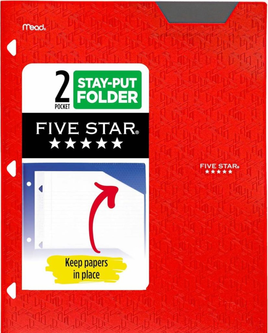 Five Star 2-Pocket Plastic Folder with Stay-Put Tabs, 3-Ring Binder Compatible, Holds Letter Size 8.5 x 11 Paper, Fire Red (333420D-ECM)
