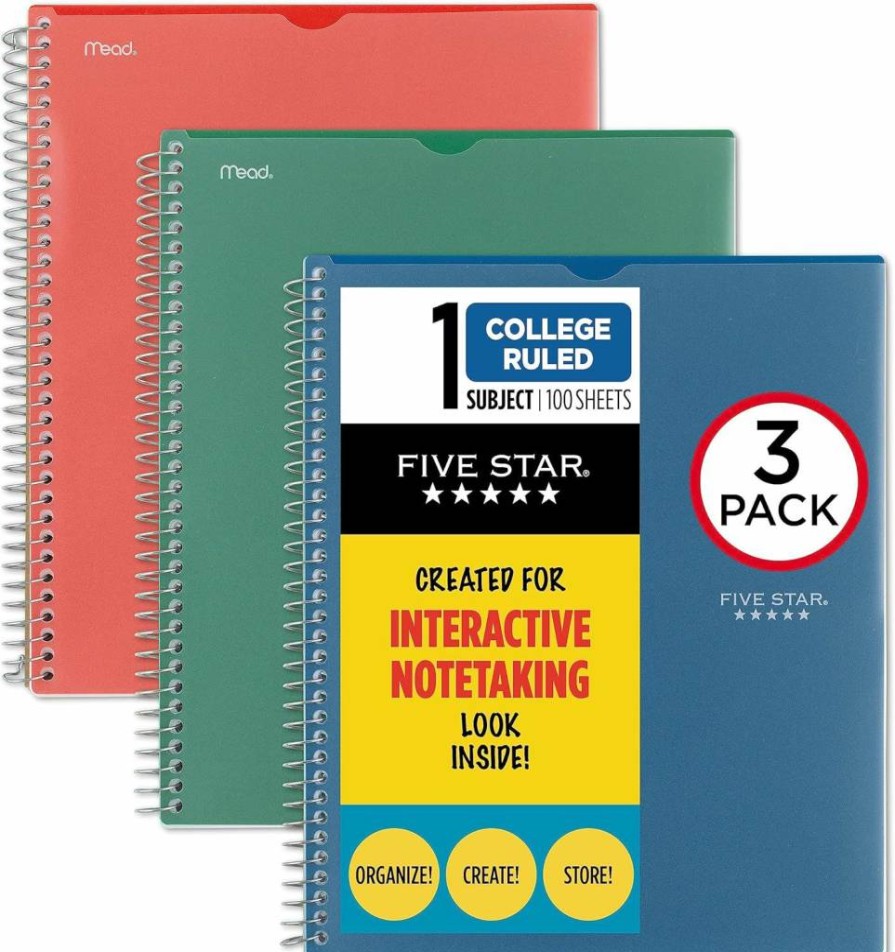 Five Star 3-Pack 1-Subject Spiral Notebooks, College Ruled, 11" x 8.5", 100 Sheets per Notebook, Customizable Covers (Forest Green, Fire Red, Pacific Blue)